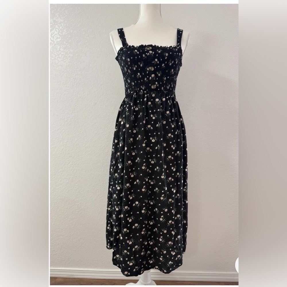 LIBERTY LOVE Black  Floral Maternity Smocked Button Front Rayon Midi Sundress M
